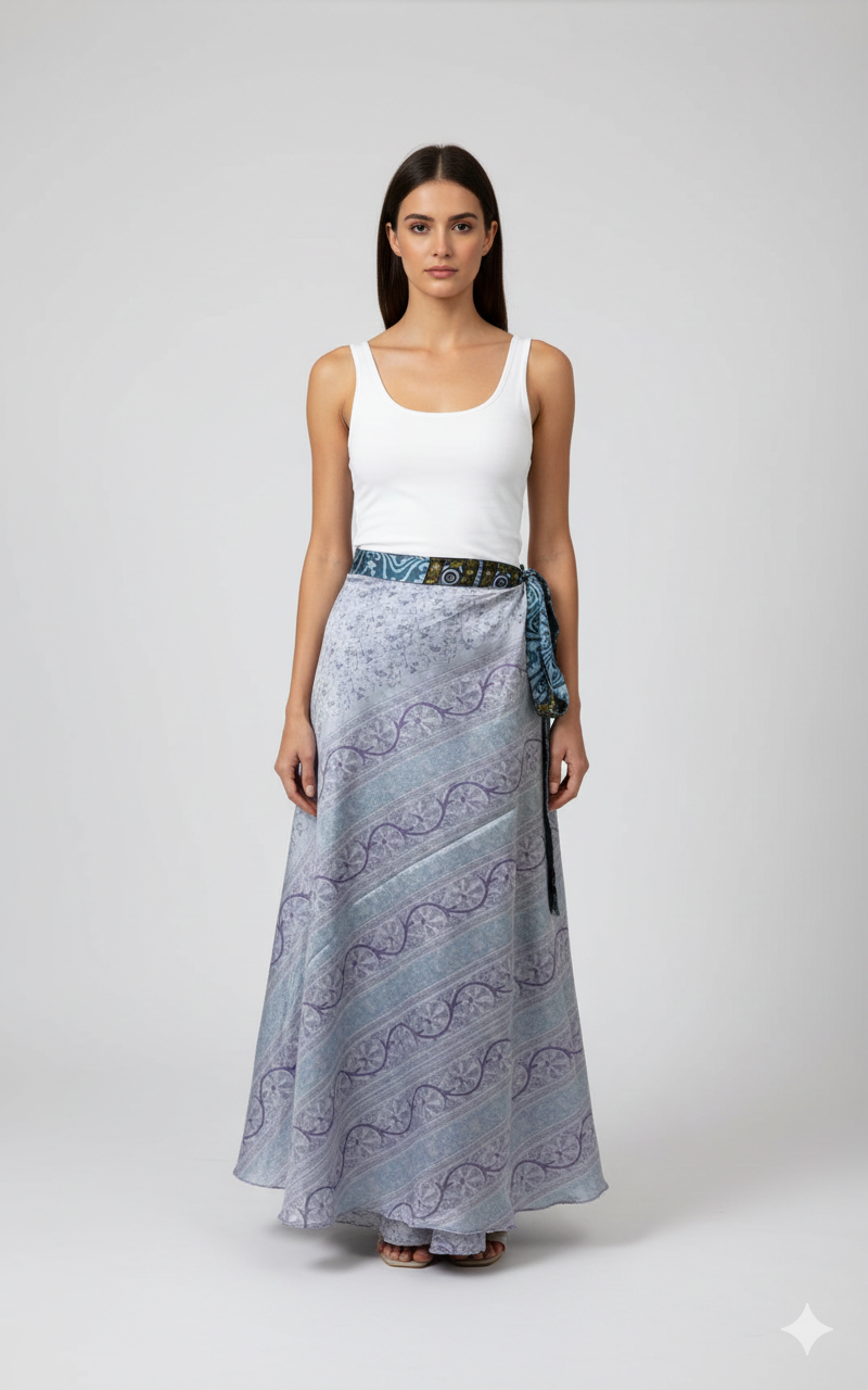 RECYCLED RETRO WRAP AROUND SKIRT LAYERED REVERSIBLE MIDI FREESIZE UP TO 20 P113