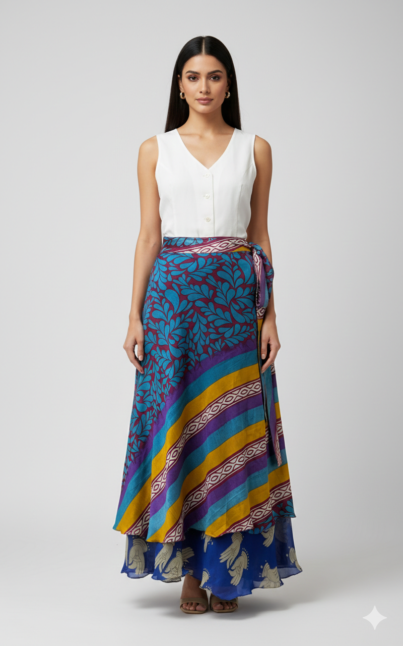 RECYCLED RETRO WRAP AROUND SKIRT LAYERED REVERSIBLE MIDI FREESIZE UP TO 20 P132