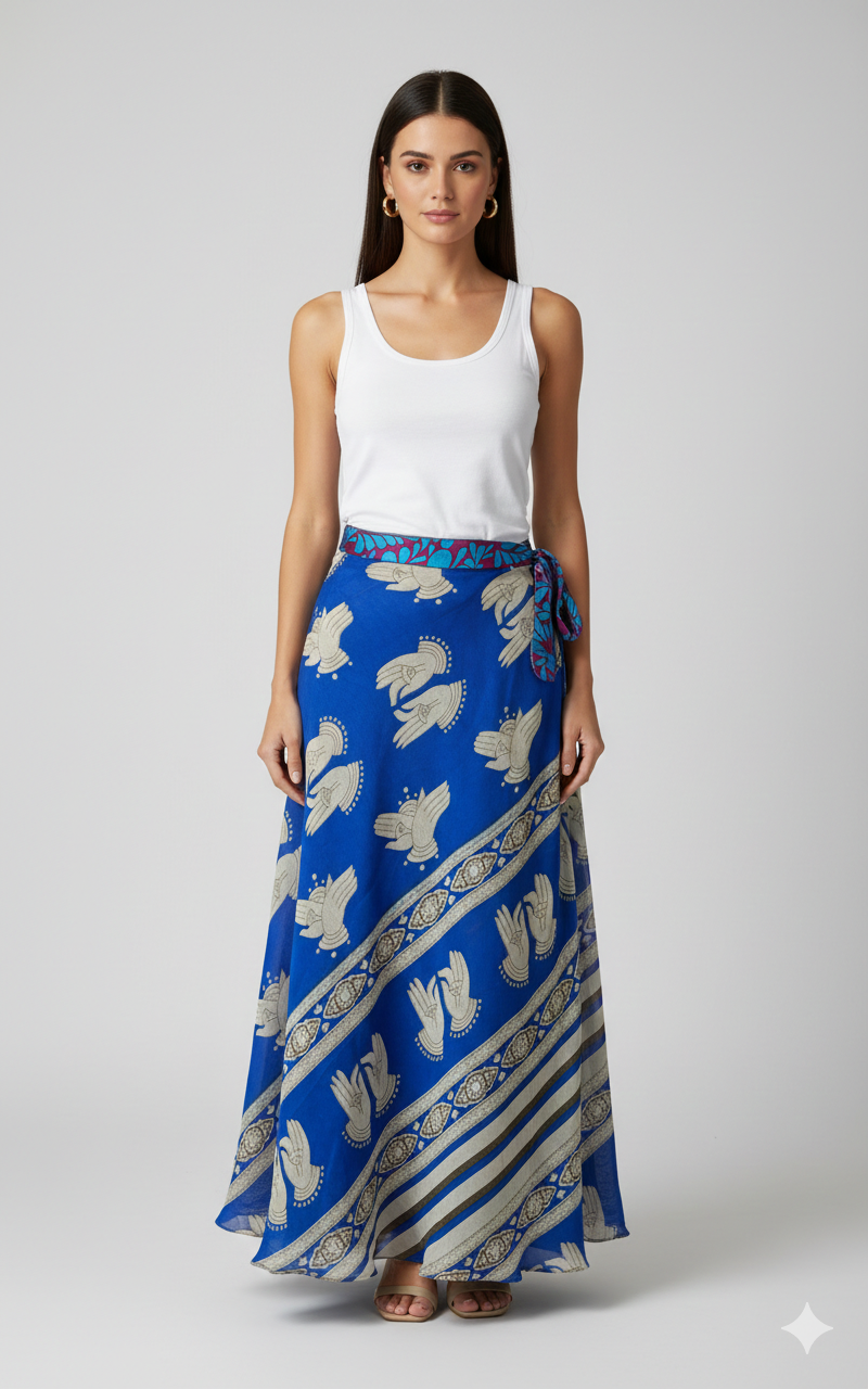 RECYCLED RETRO WRAP AROUND SKIRT LAYERED REVERSIBLE MIDI FREESIZE UP TO 20 P132