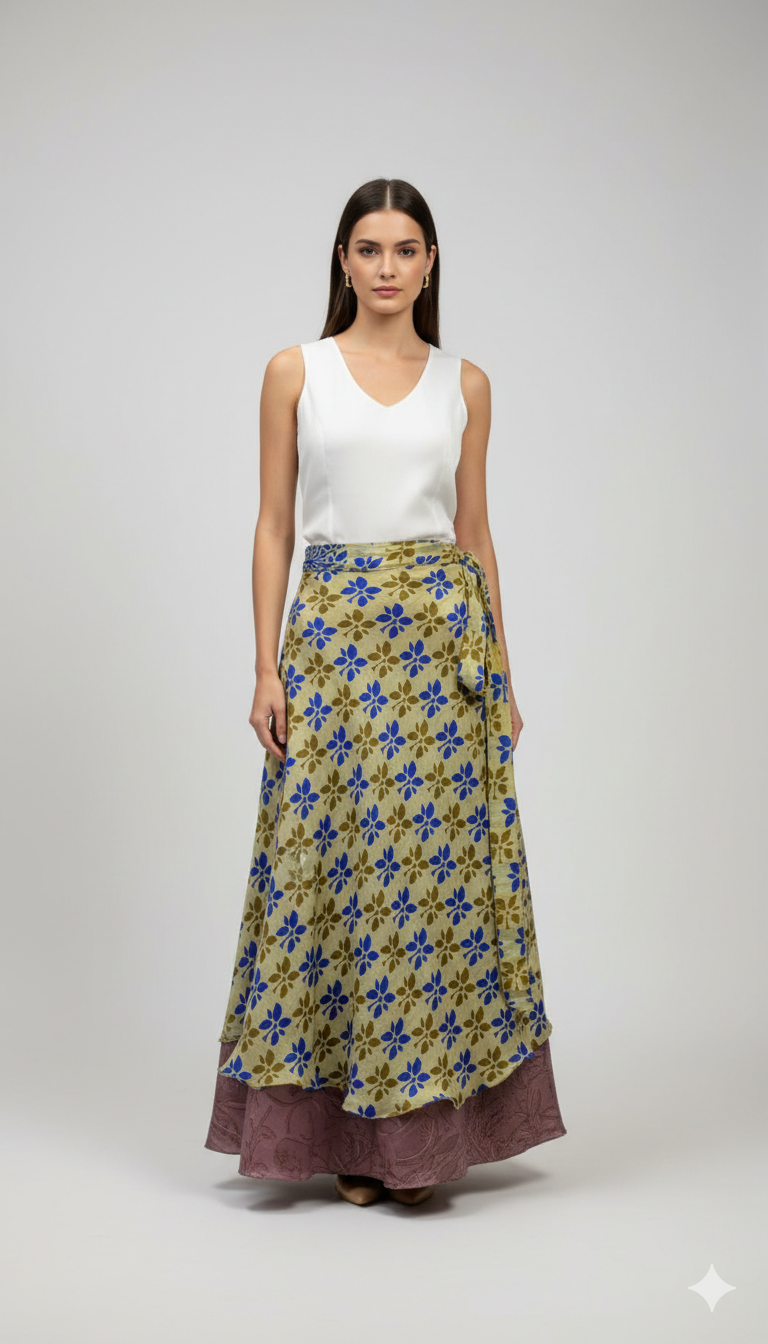 RECYCLED RETRO WRAP AROUND SKIRT LAYERED REVERSIBLE MIDI FREESIZE UP TO 20 P148