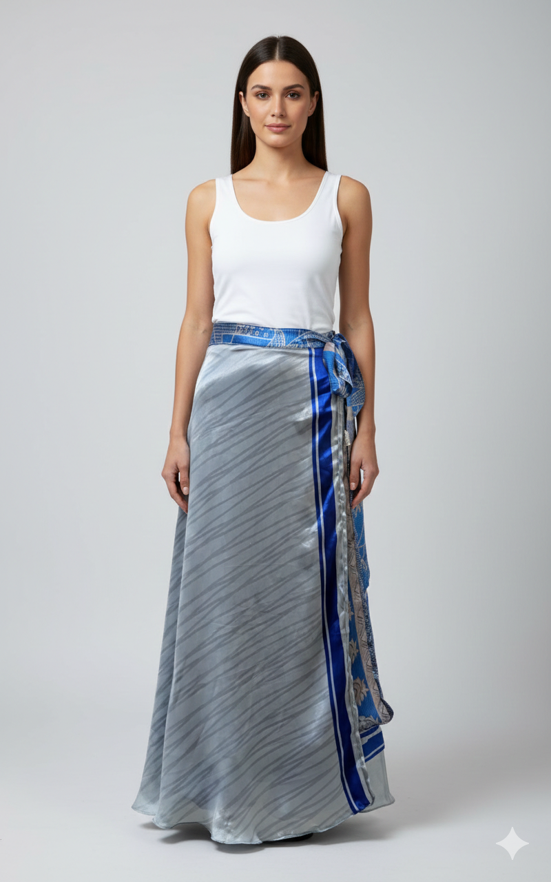 RECYCLED RETRO WRAP AROUND SKIRT LAYERED REVERSIBLE MIDI FREESIZE UP TO 20 P165