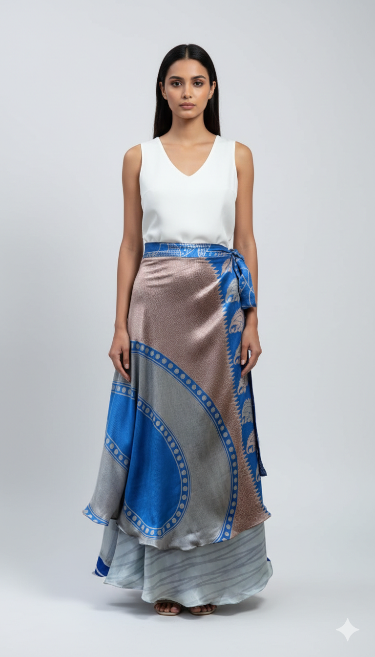 RECYCLED RETRO WRAP AROUND SKIRT LAYERED REVERSIBLE MIDI FREESIZE UP TO 20 P165