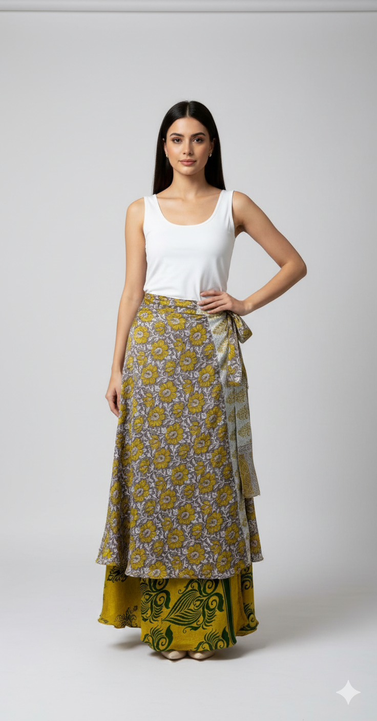 RECYCLED RETRO WRAP AROUND SKIRT LAYERED REVERSIBLE MIDI FREESIZE UP TO 20 P176