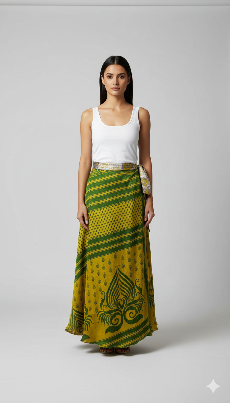 RECYCLED RETRO WRAP AROUND SKIRT LAYERED REVERSIBLE MIDI FREESIZE UP TO 20 P176