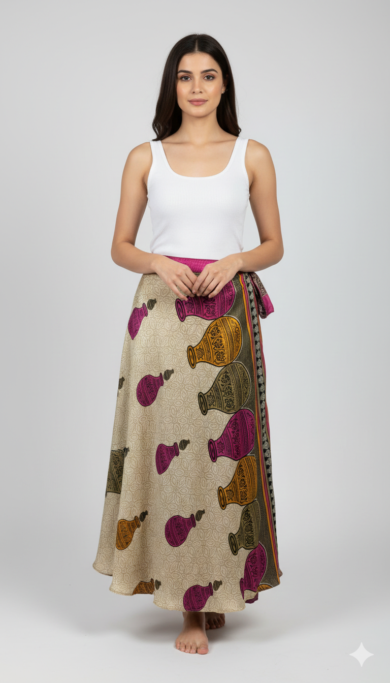 RECYCLED RETRO WRAP AROUND SKIRT LAYERED REVERSIBLE MIDI FREESIZE UP TO 20 P179