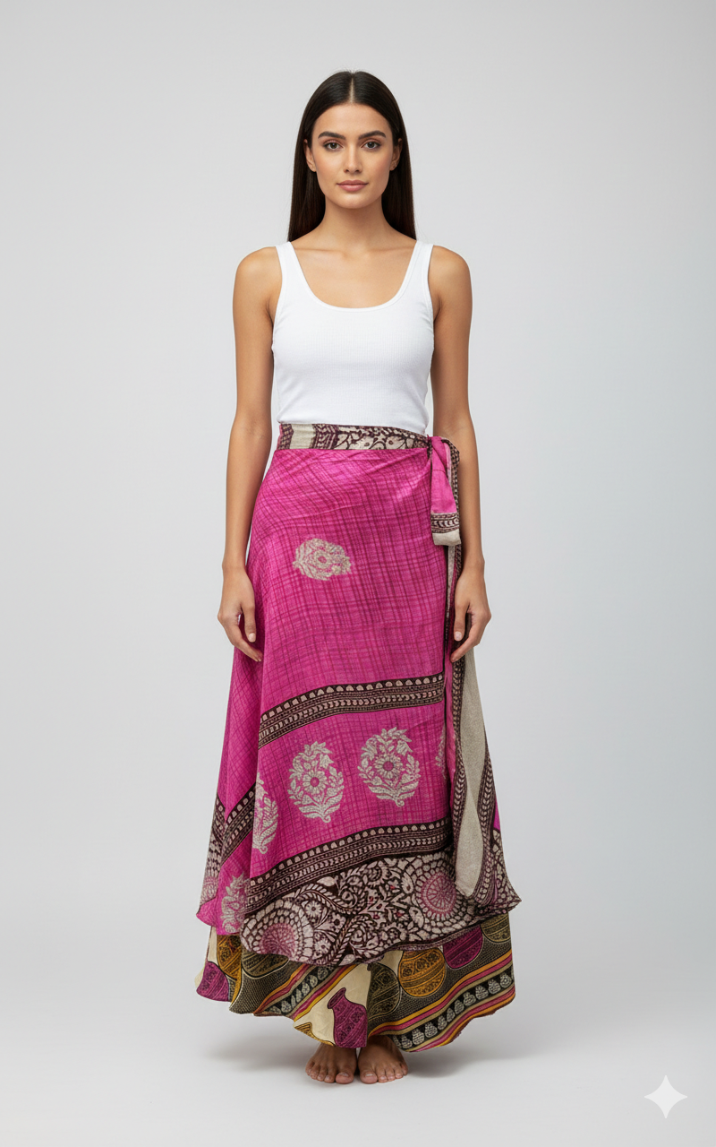 RECYCLED RETRO WRAP AROUND SKIRT LAYERED REVERSIBLE MIDI FREESIZE UP TO 20 P179