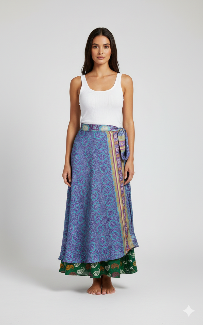 RECYCLED RETRO WRAP AROUND SKIRT LAYERED REVERSIBLE MIDI FREESIZE UP TO 20 P205