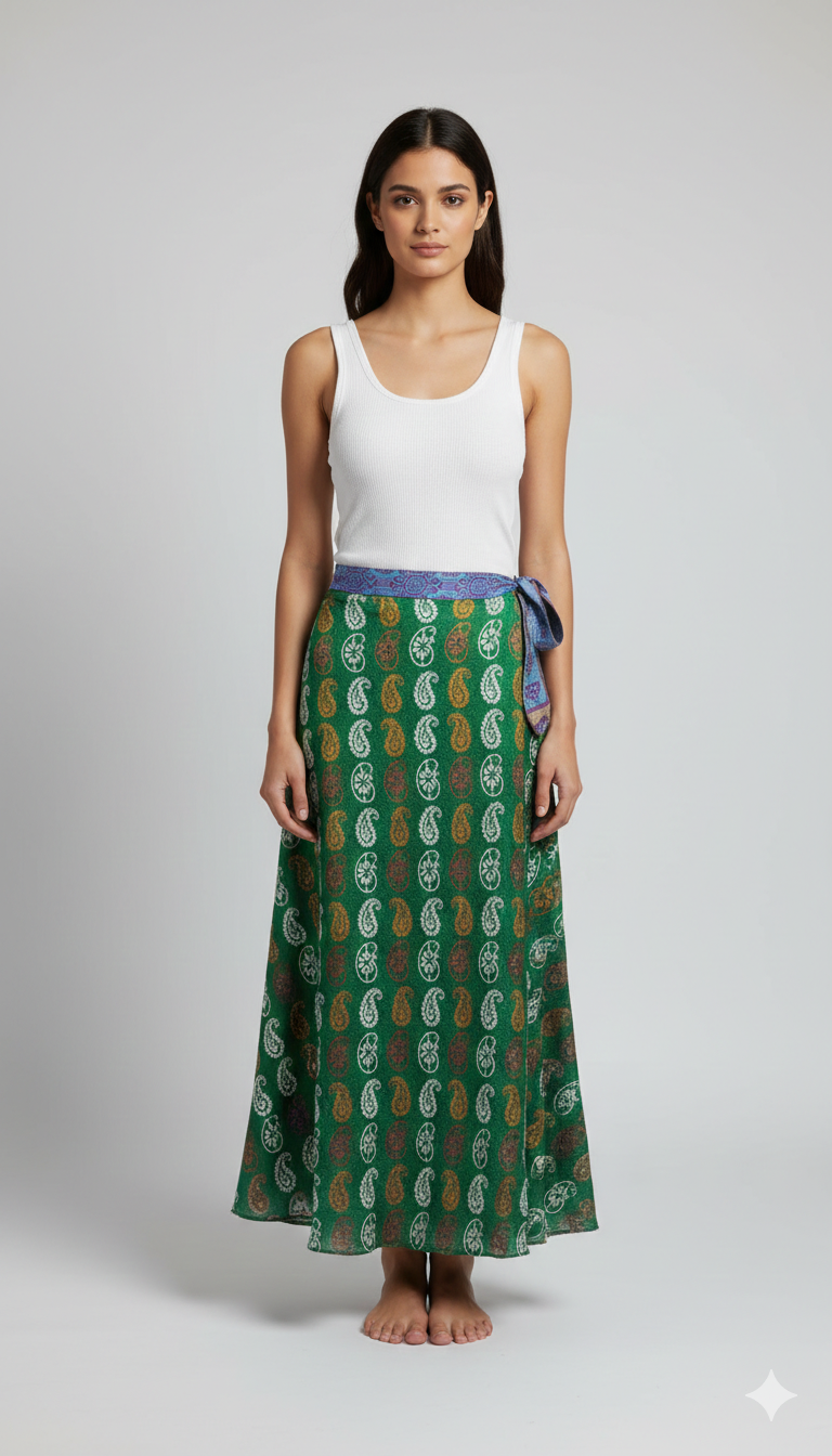 RECYCLED RETRO WRAP AROUND SKIRT LAYERED REVERSIBLE MIDI FREESIZE UP TO 20 P205
