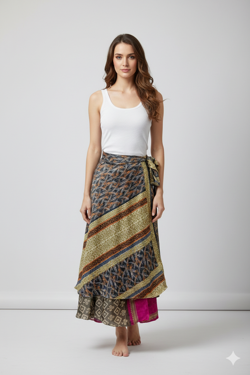 RECYCLED RETRO WRAP AROUND SKIRT LAYERED REVERSIBLE MIDI FREESIZE UP TO 20 P206