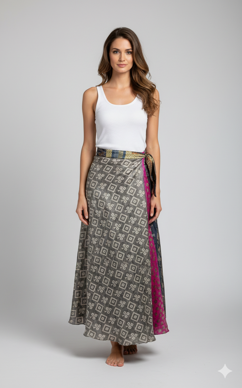 RECYCLED RETRO WRAP AROUND SKIRT LAYERED REVERSIBLE MIDI FREESIZE UP TO 20 P206