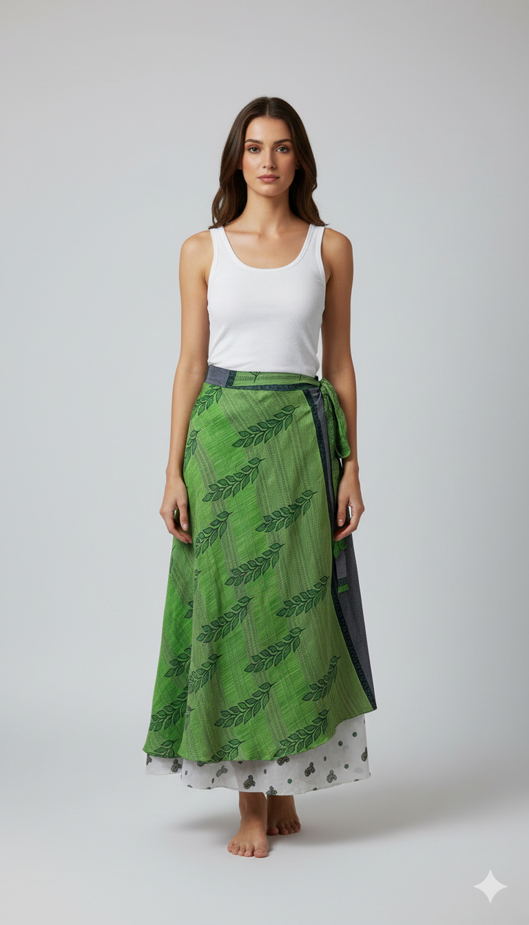 RECYCLED RETRO WRAP AROUND SKIRT LAYERED REVERSIBLE MIDI FREESIZE UP TO 20 P208
