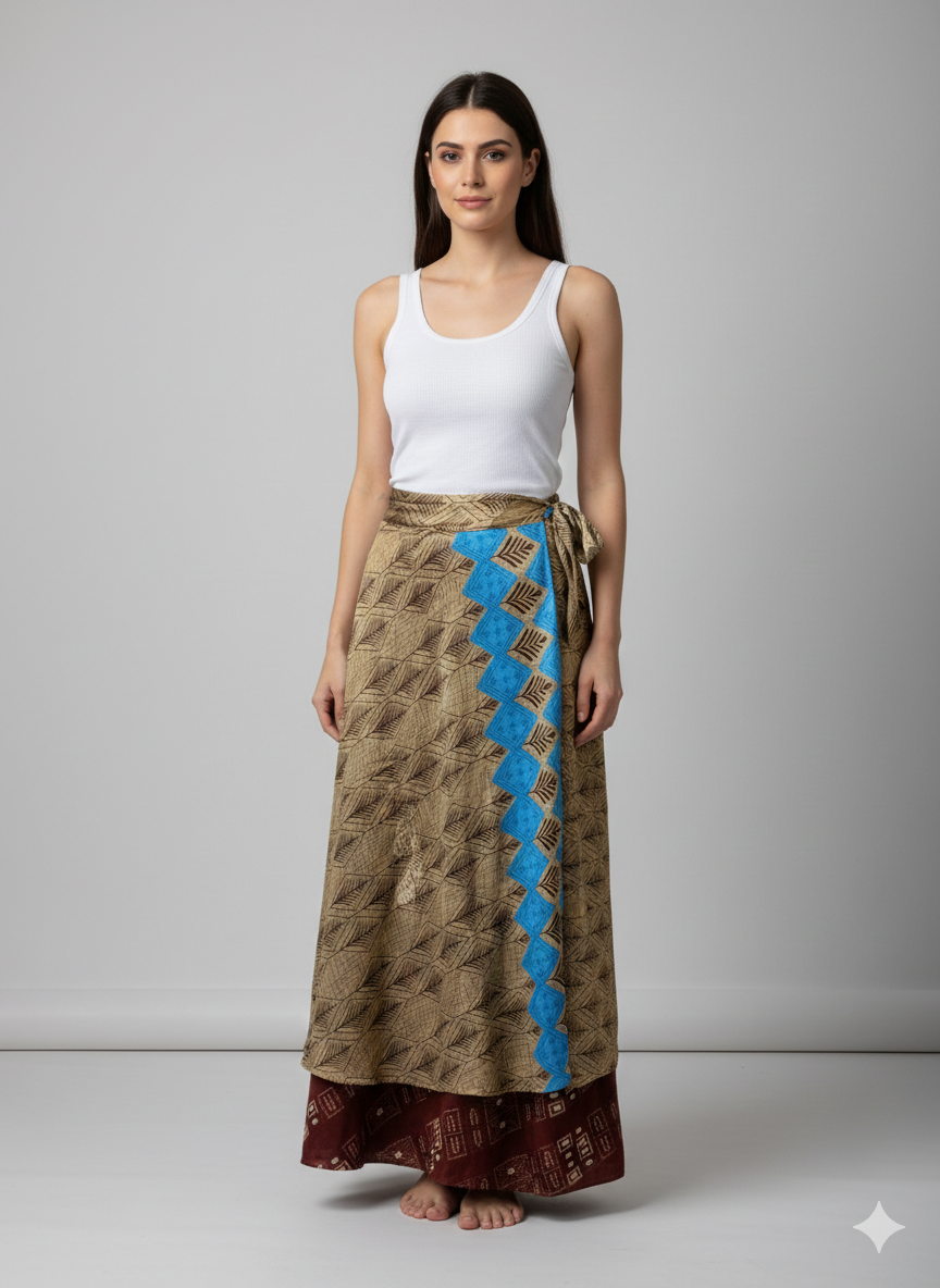 RECYCLED RETRO WRAP AROUND SKIRT LAYERED REVERSIBLE MIDI FREESIZE UP TO 20 P213
