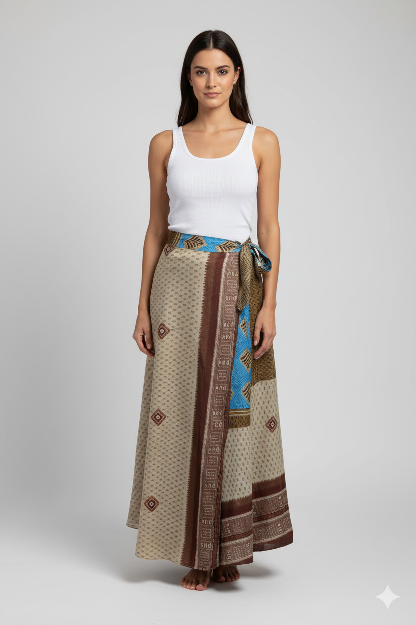 RECYCLED RETRO WRAP AROUND SKIRT LAYERED REVERSIBLE MIDI FREESIZE UP TO 20 P213