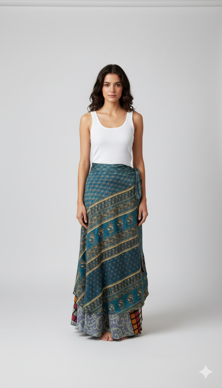 RECYCLED RETRO WRAP AROUND SKIRT LAYERED REVERSIBLE MIDI FREESIZE UP TO 20 P218