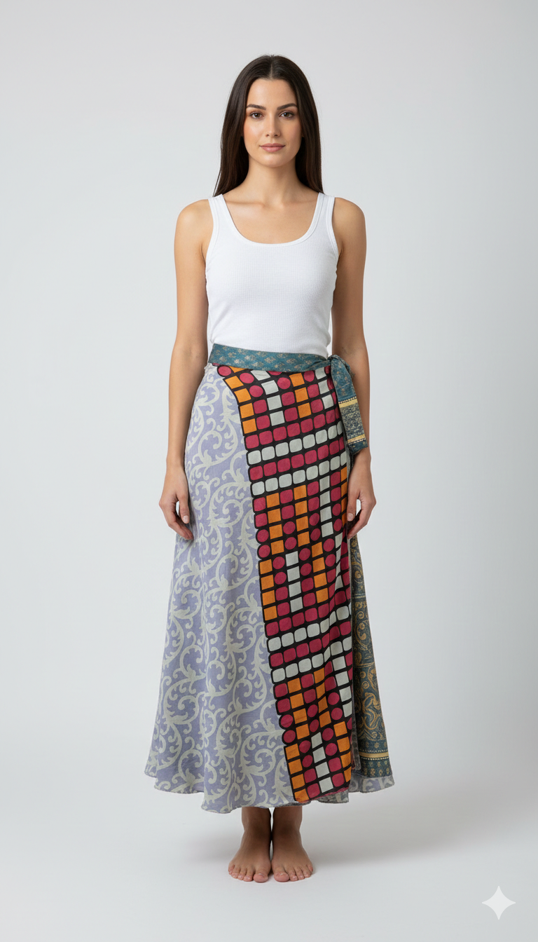 RECYCLED RETRO WRAP AROUND SKIRT LAYERED REVERSIBLE MIDI FREESIZE UP TO 20 P218