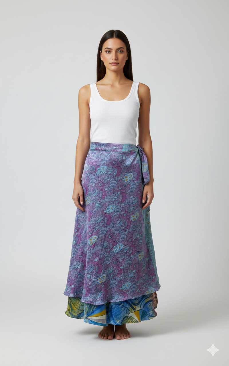 RECYCLED RETRO WRAP AROUND SKIRT LAYERED REVERSIBLE MIDI FREESIZE UP TO 20 P220