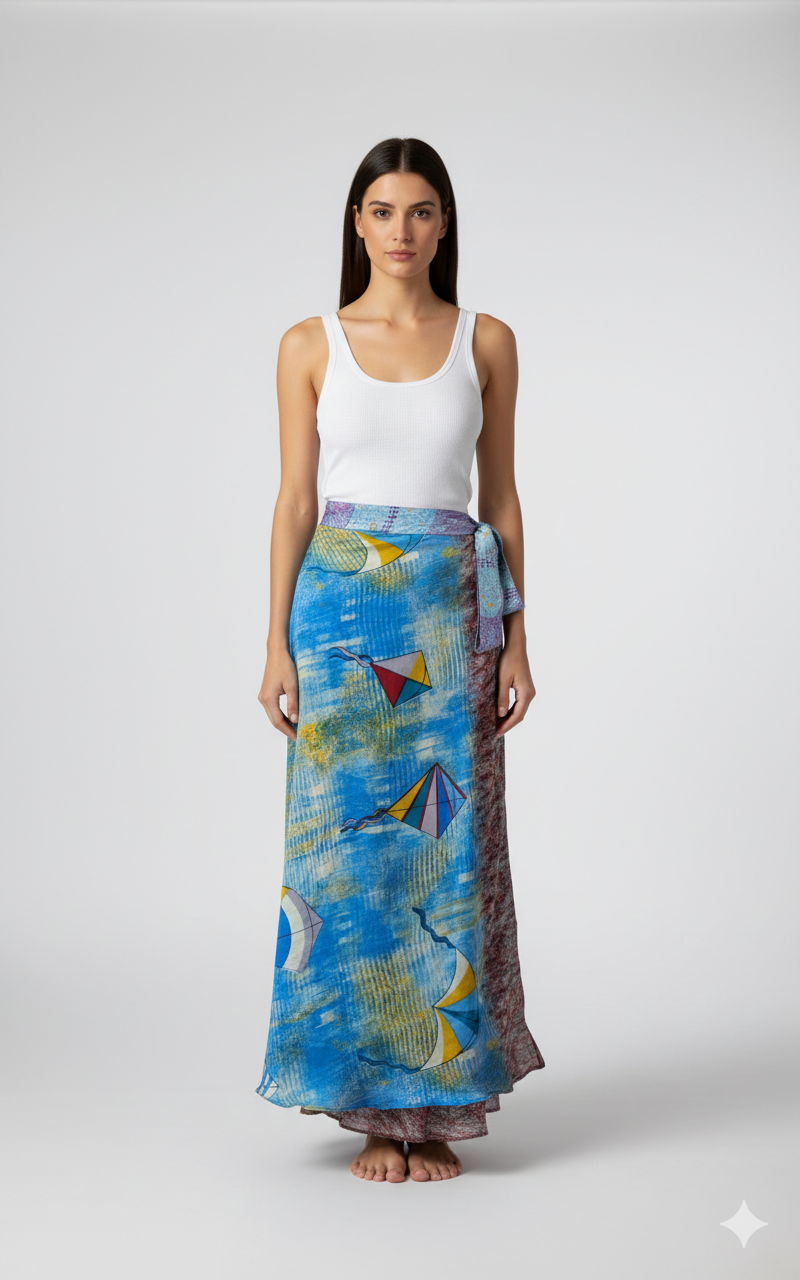 RECYCLED RETRO WRAP AROUND SKIRT LAYERED REVERSIBLE MIDI FREESIZE UP TO 20 P220