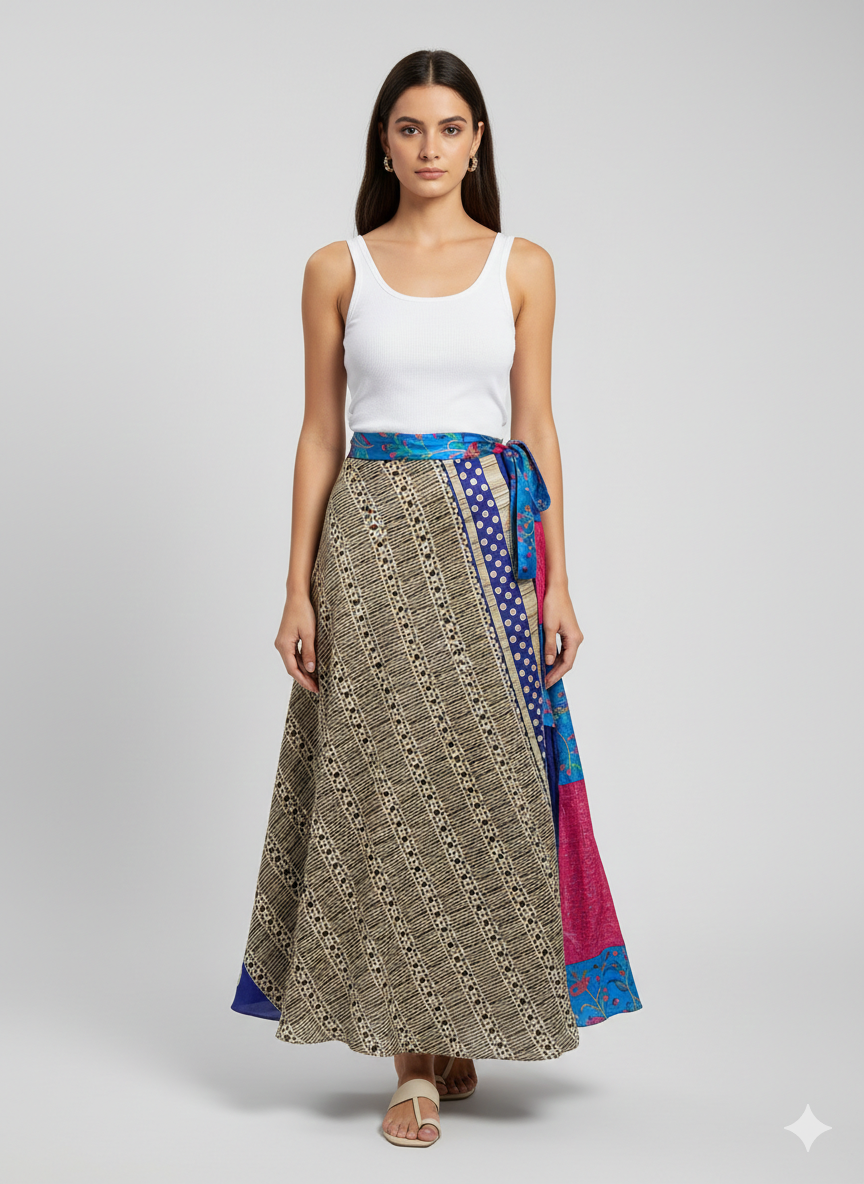 RECYCLED RETRO WRAP AROUND SKIRT LAYERED REVERSIBLE MIDI FREESIZE UP TO 20 P222