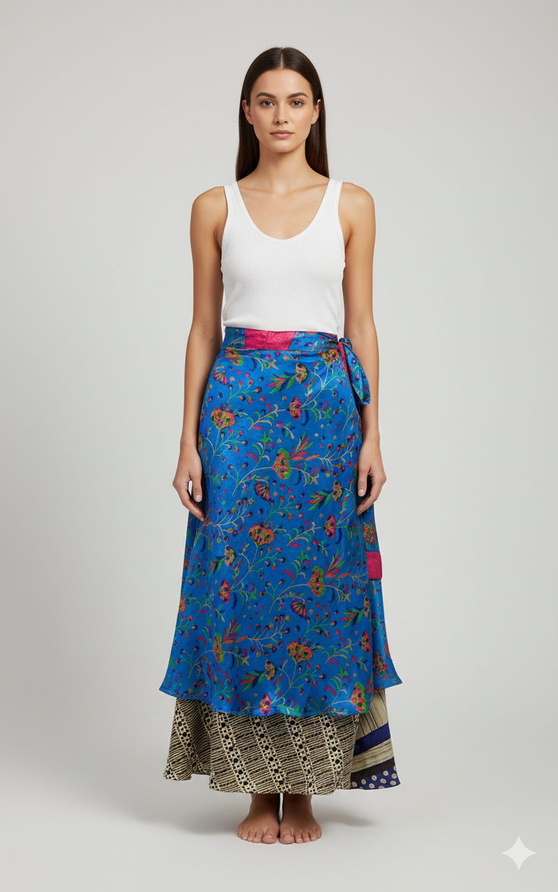 RECYCLED RETRO WRAP AROUND SKIRT LAYERED REVERSIBLE MIDI FREESIZE UP TO 20 P222