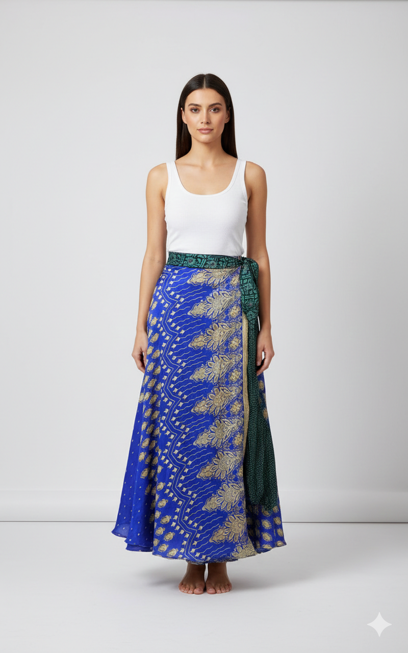 RECYCLED RETRO WRAP AROUND SKIRT LAYERED REVERSIBLE MIDI FREESIZE UP TO 20 P230