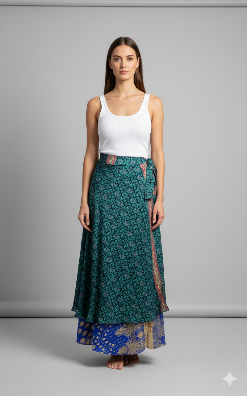 RECYCLED RETRO WRAP AROUND SKIRT LAYERED REVERSIBLE MIDI FREESIZE UP TO 20 P230
