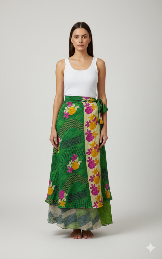 RECYCLED RETRO WRAP AROUND SKIRT LAYERED REVERSIBLE MIDI FREESIZE UP TO 20 P232