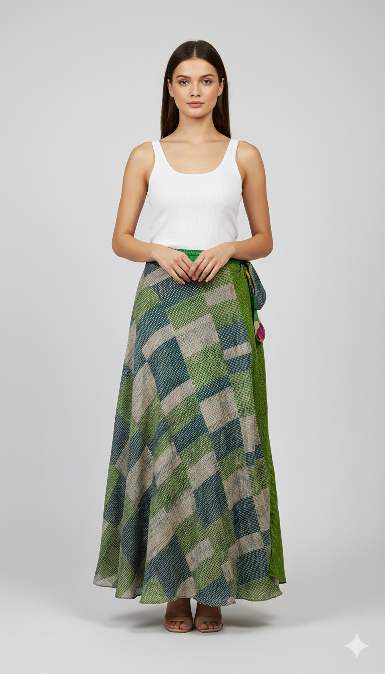 RECYCLED RETRO WRAP AROUND SKIRT LAYERED REVERSIBLE MIDI FREESIZE UP TO 20 P232