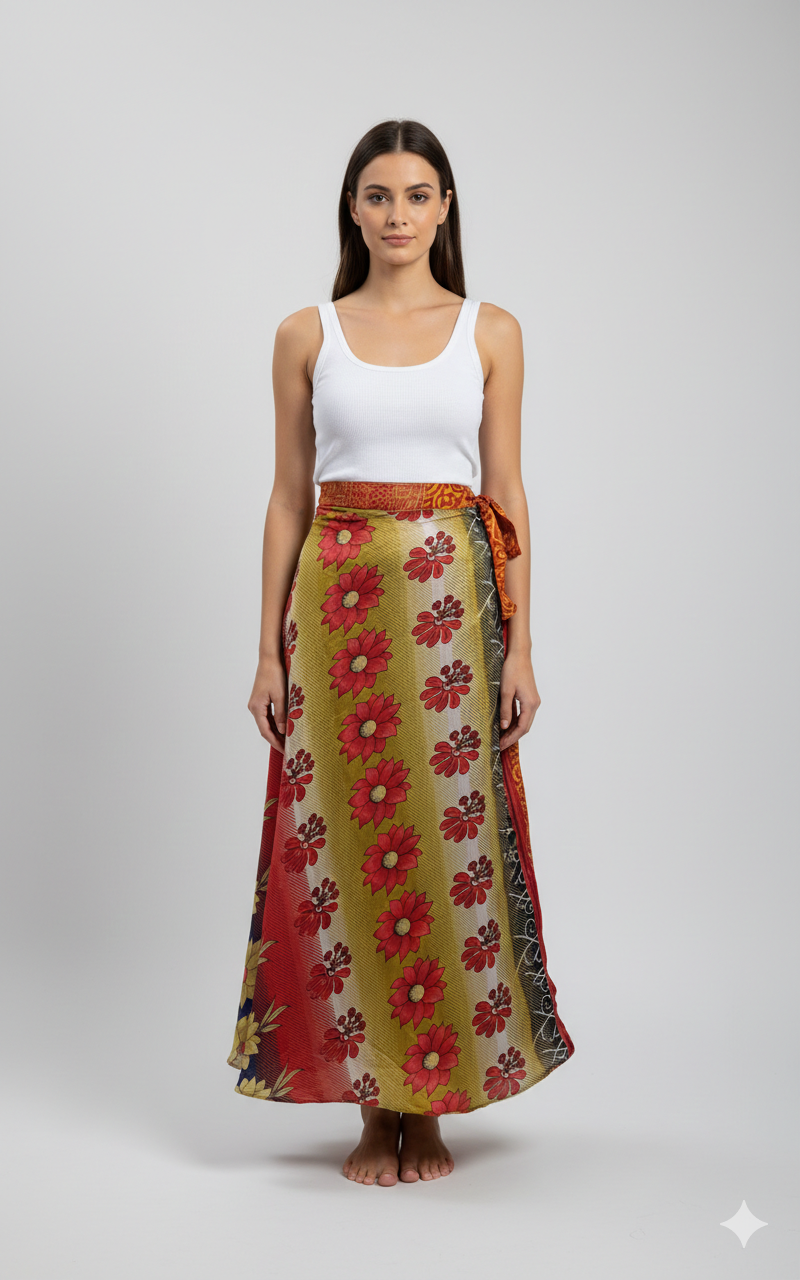 RECYCLED RETRO WRAP AROUND SKIRT LAYERED REVERSIBLE MIDI FREESIZE UP TO 20 P233