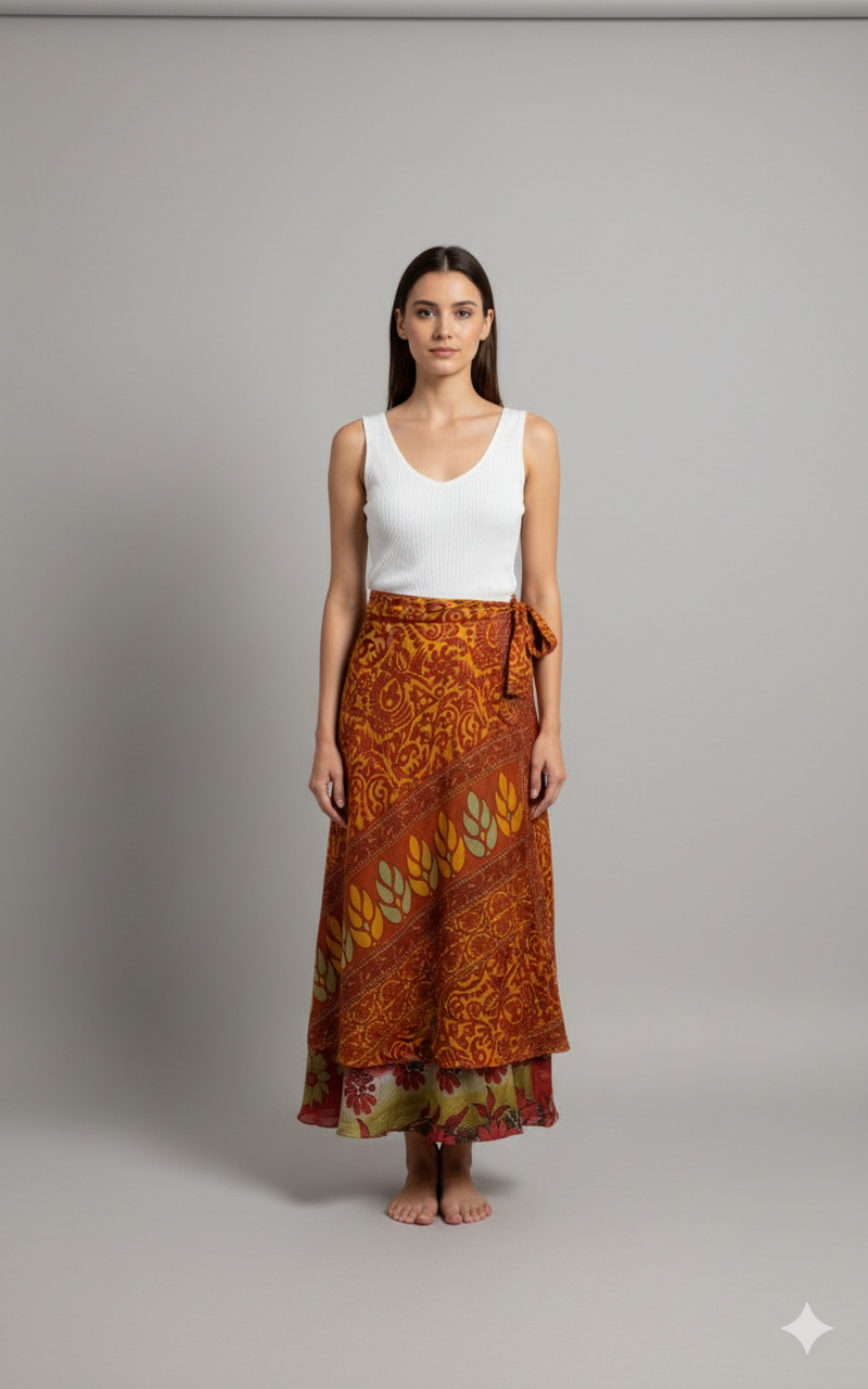 RECYCLED RETRO WRAP AROUND SKIRT LAYERED REVERSIBLE MIDI FREESIZE UP TO 20 P233