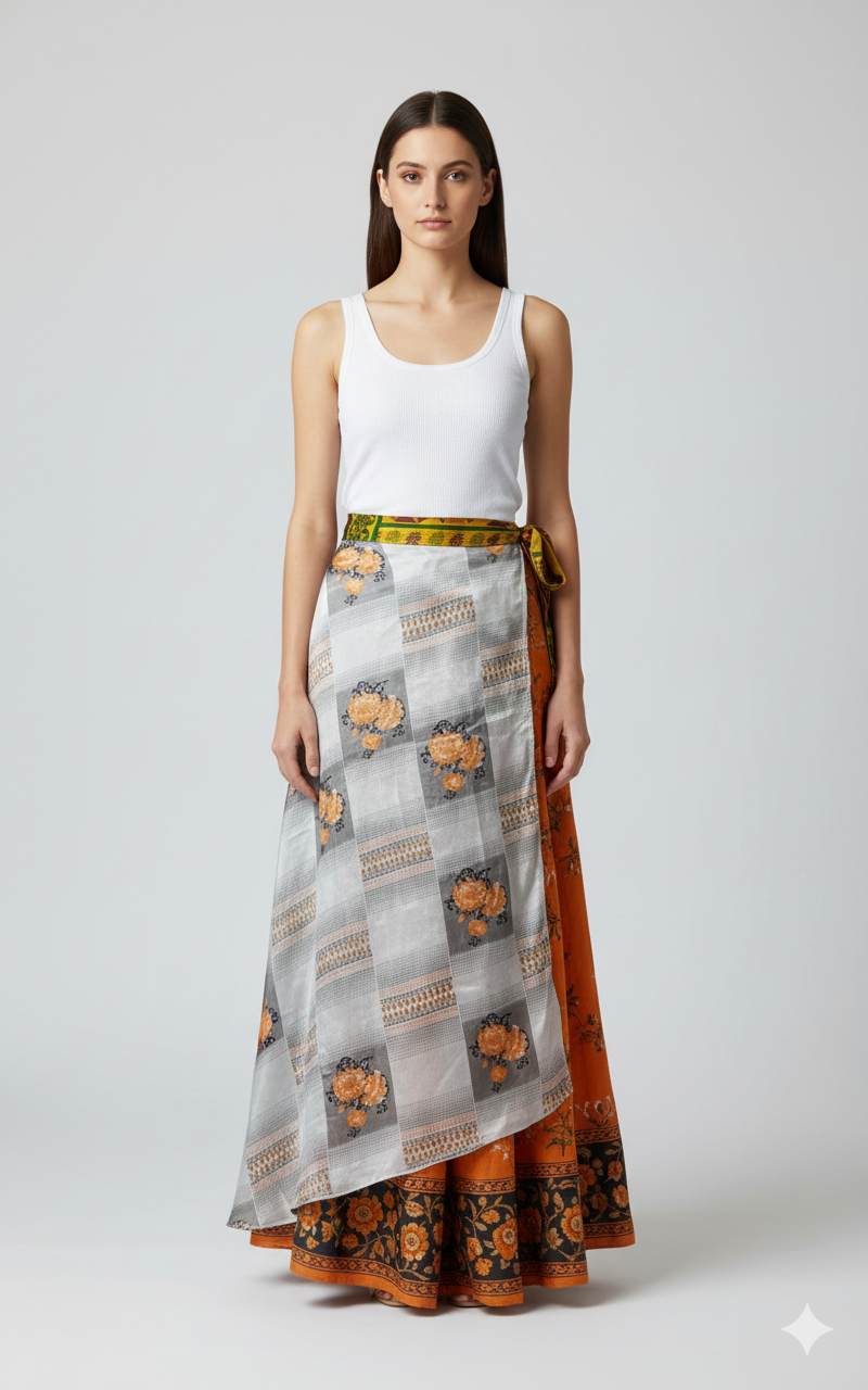 RECYCLED RETRO WRAP AROUND SKIRT LAYERED REVERSIBLE MIDI FREESIZE UP TO 20 P63