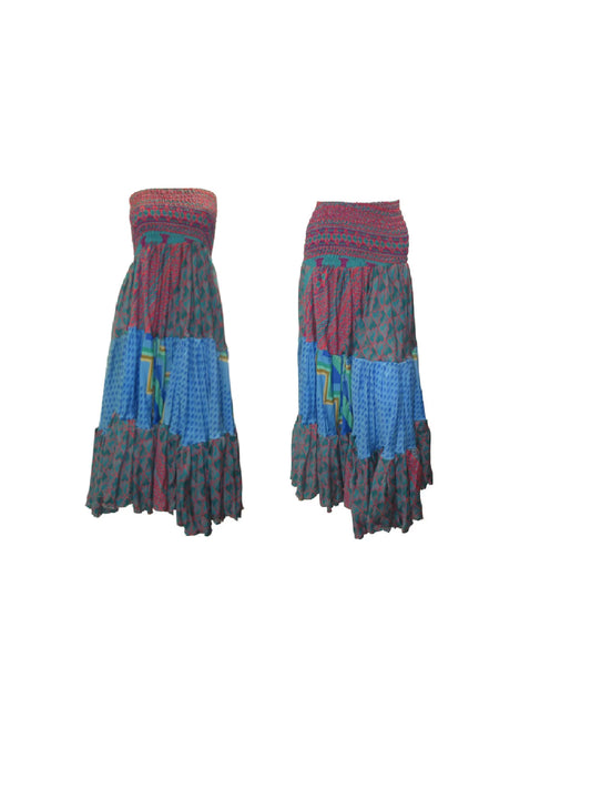 Upcycled 2in1 Skirt and Dress Retro Shirred Festival Boho Tiered Flowy Maxi Free Size Up To 20 P112
