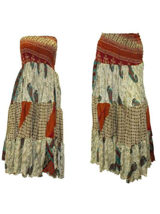 Upcycled 2in1 Skirt and Dress Retro Shirred Festival Boho Tiered Flowy Maxi Free Size Up To 20 P113