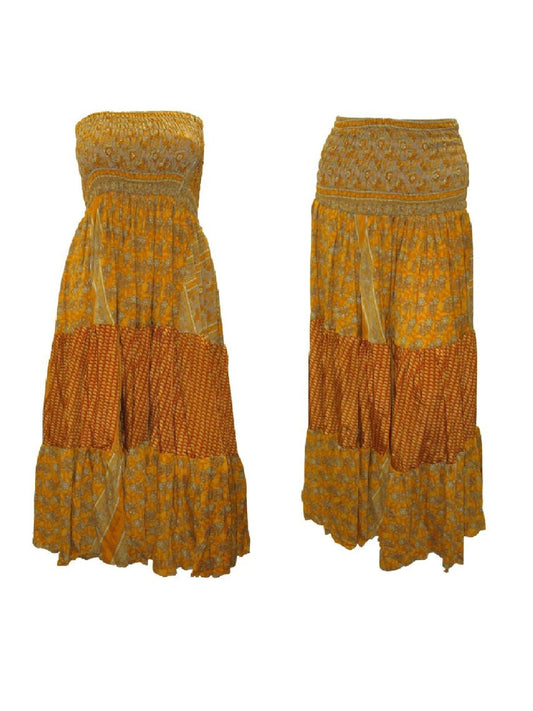 Upcycled 2in1 Skirt and Dress Retro Shirred Festival Boho Tiered Flowy Maxi Free Size Up To 20 P131