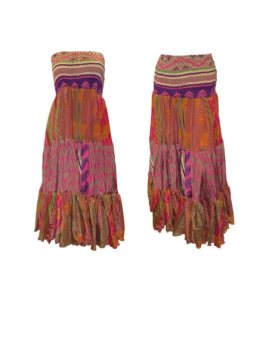 Upcycled 2in1 Skirt and Dress Retro Shirred Festival Boho Tiered Flowy Maxi Free Size Up To 20 P133