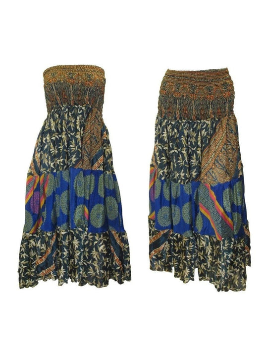Upcycled 2in1 Skirt and Dress Retro Shirred Festival Boho Tiered Flowy Maxi Free Size Up To 20 P139