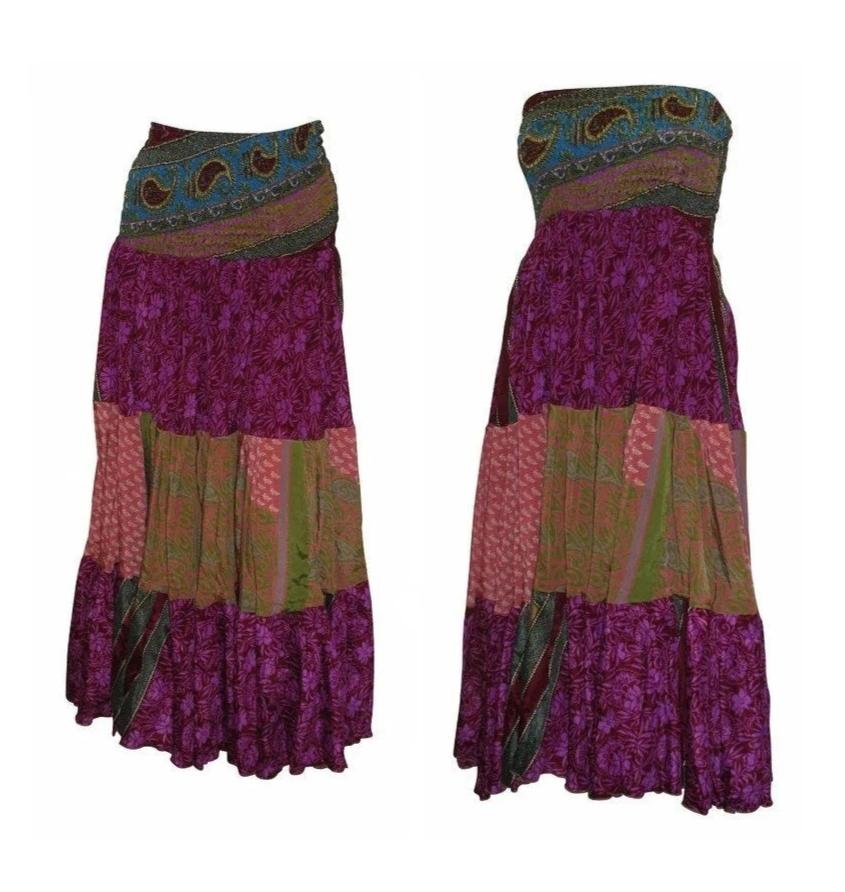 Upcycled 2in1 Skirt and Dress Retro Shirred Festival Boho Tiered Flowy Maxi Free Size Up To 20 P14