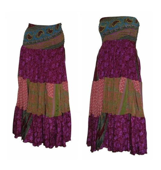 Upcycled 2in1 Skirt and Dress Retro Shirred Festival Boho Tiered Flowy Maxi Free Size Up To 20 P14