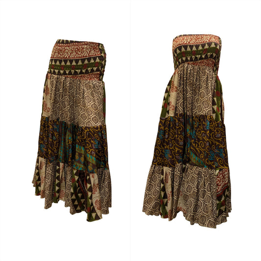 Upcycled 2in1 Skirt and Dress Retro Shirred Festival Boho Tiered Flowy Maxi Free Size Up To 20 P34