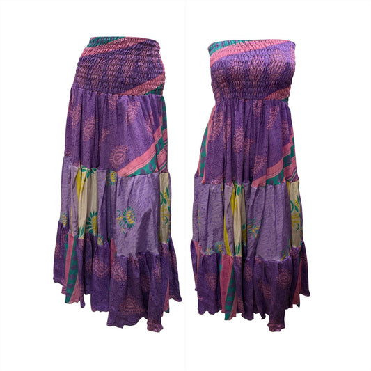 Upcycled 2in1 Skirt and Dress Retro Shirred Festival Boho Tiered Flowy Maxi Free Size Up To 20 P39