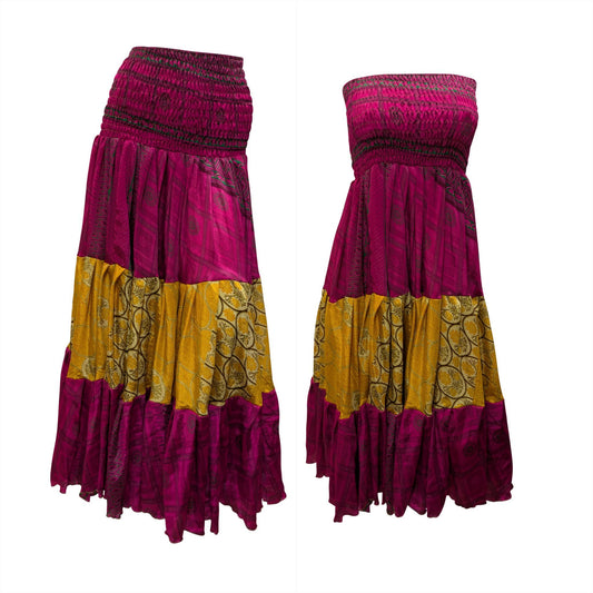 Upcycled 2in1 Skirt and Dress Retro Shirred Festival Boho Tiered Flowy Maxi Free Size Up To 20 P43