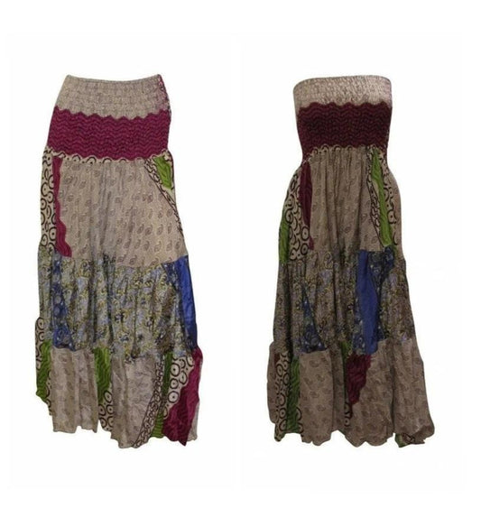 Upcycled 2in1 Skirt and Dress Retro Shirred Festival Boho Tiered Flowy Maxi Free Size Up To 20 P77