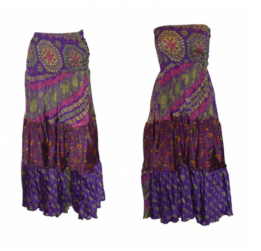 Upcycled 2in1 Skirt and Dress Retro Shirred Festival Boho Tiered Flowy Maxi Free Size Up To 20 P80