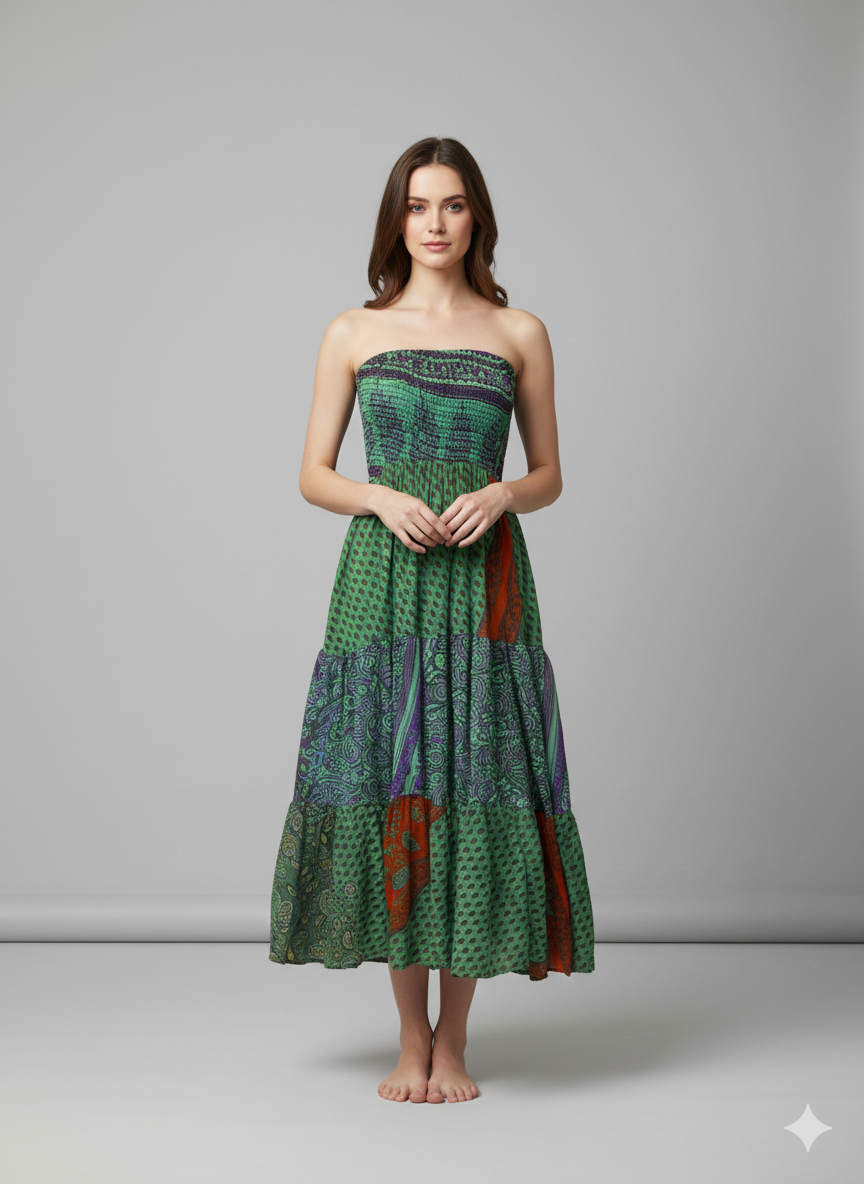 Upcycled 2in1 Skirt and Dress Retro Shirred Festival Boho Tiered Flowy Maxi Free Size Up To 20 P111