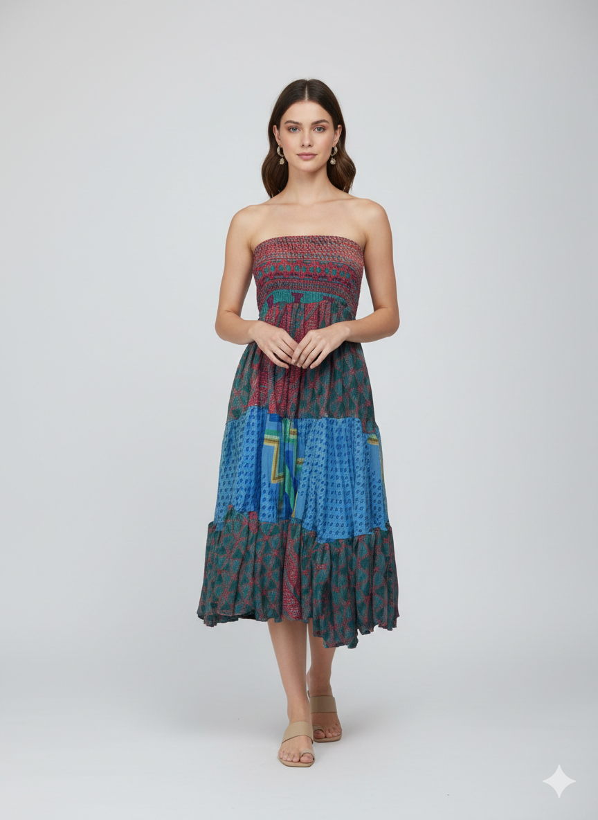 Upcycled 2in1 Skirt and Dress Retro Shirred Festival Boho Tiered Flowy Maxi Free Size Up To 20 P112