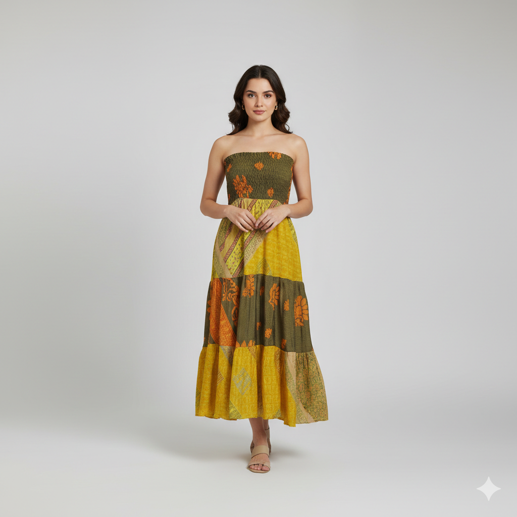 Upcycled 2in1 Skirt and Dress Retro Shirred Festival Boho Tiered Flowy Maxi Free Size Up To 20 P120