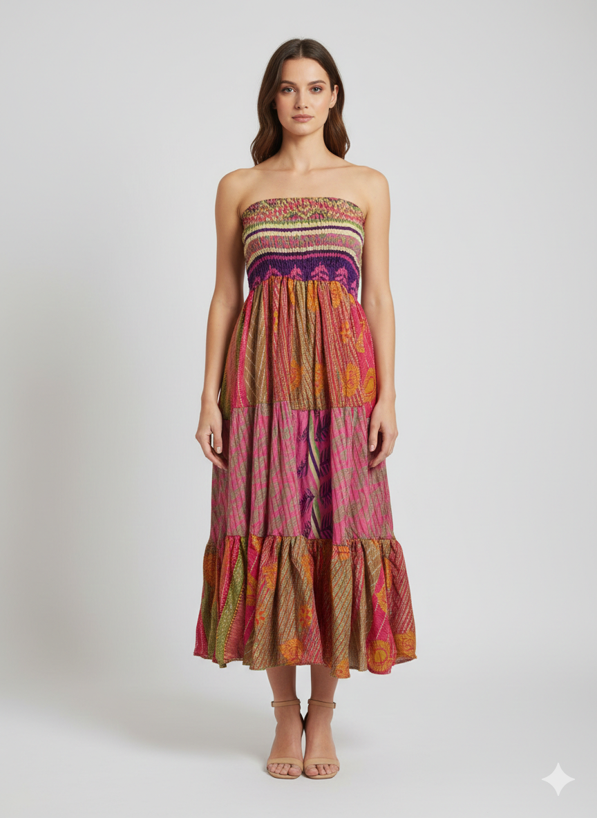 Upcycled 2in1 Skirt and Dress Retro Shirred Festival Boho Tiered Flowy Maxi Free Size Up To 20 P133