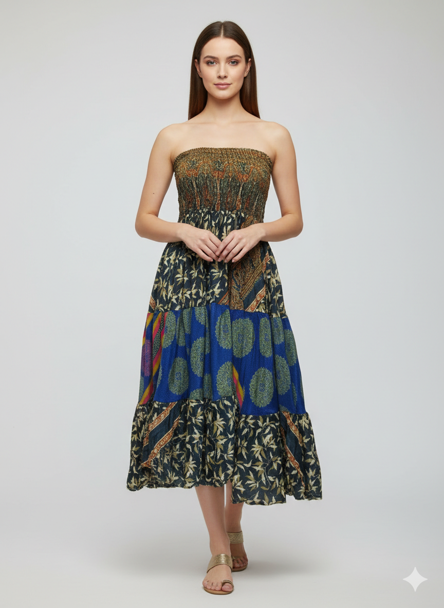 Upcycled 2in1 Skirt and Dress Retro Shirred Festival Boho Tiered Flowy Maxi Free Size Up To 20 P139