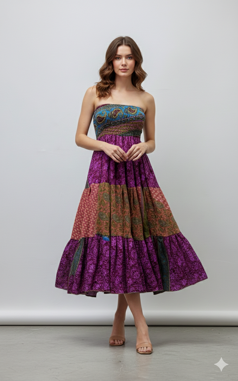 Upcycled 2in1 Skirt and Dress Retro Shirred Festival Boho Tiered Flowy Maxi Free Size Up To 20 P14