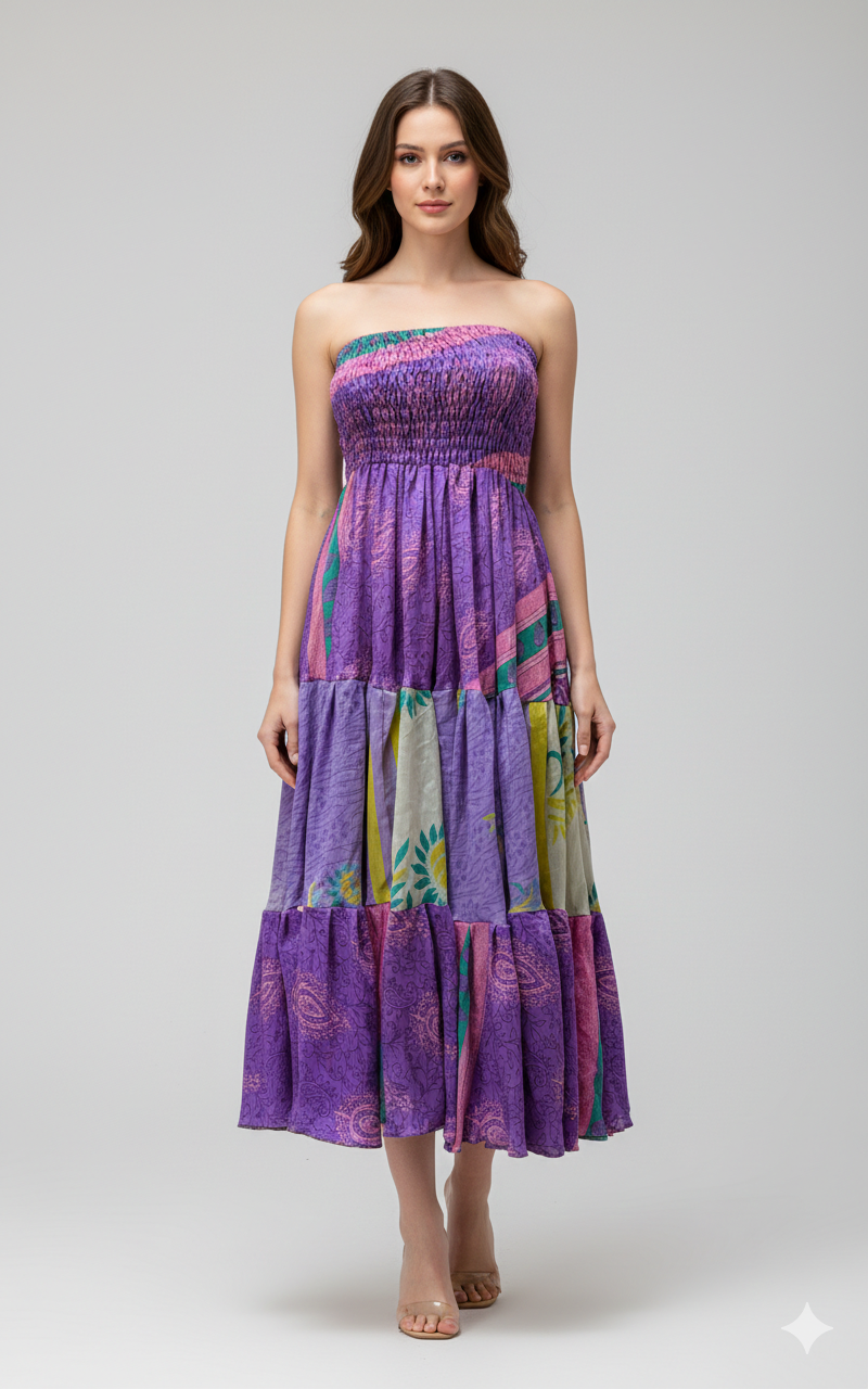 Upcycled 2in1 Skirt and Dress Retro Shirred Festival Boho Tiered Flowy Maxi Free Size Up To 20 P39