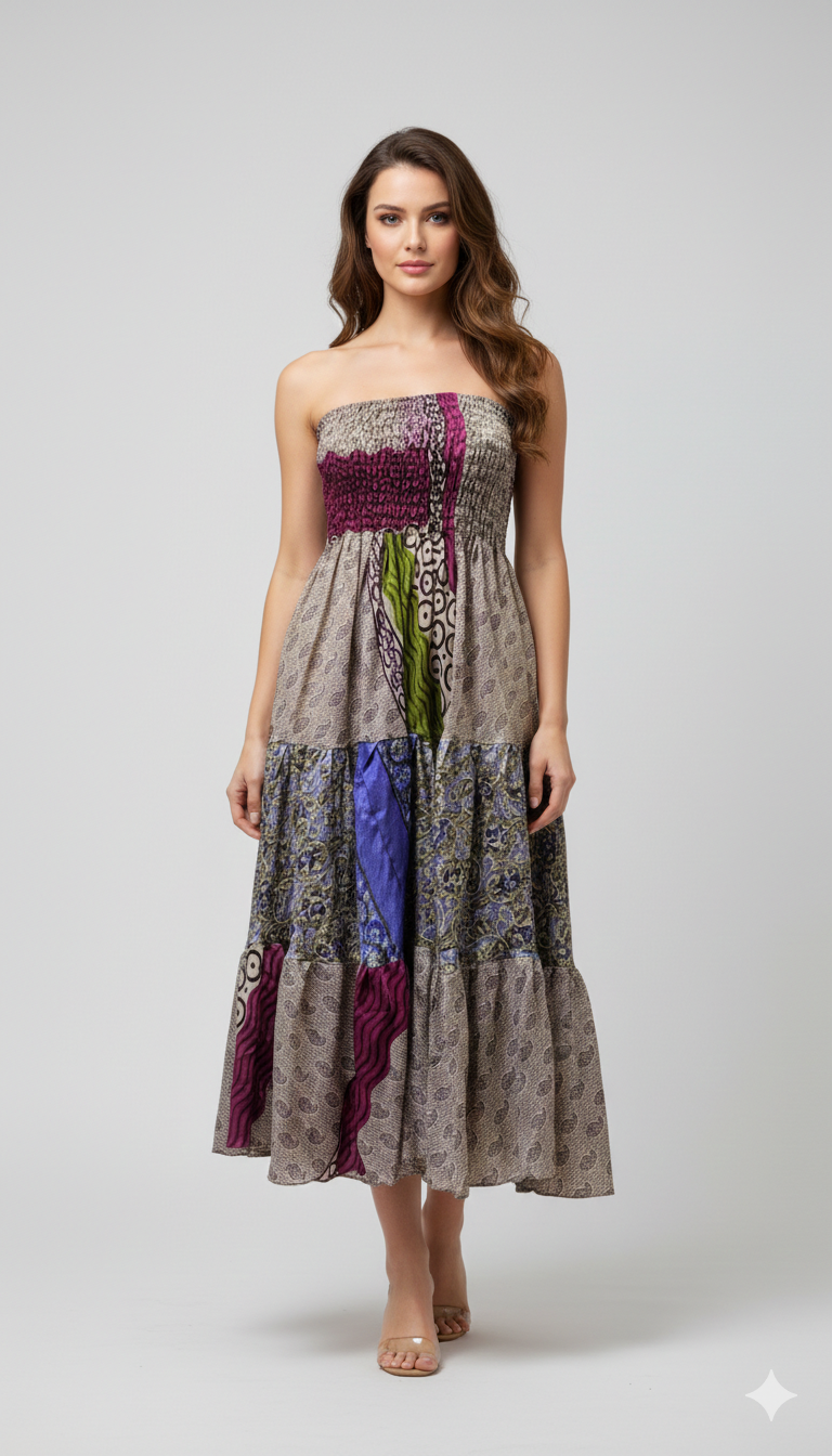 Upcycled 2in1 Skirt and Dress Retro Shirred Festival Boho Tiered Flowy Maxi Free Size Up To 20 P77